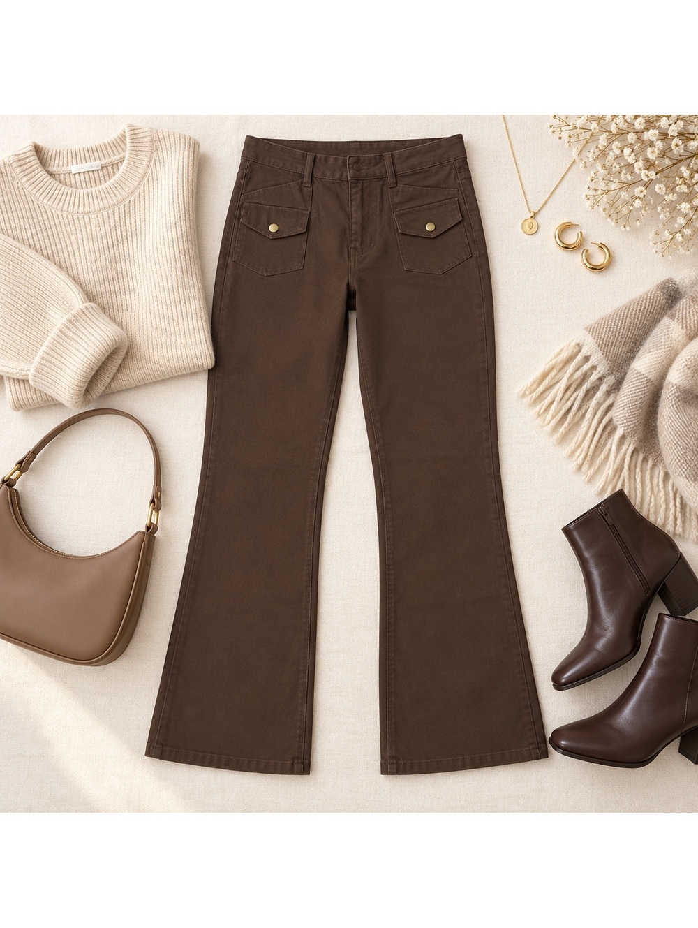Cider Brown Straight Leg Pants XS Button Pocket Detail